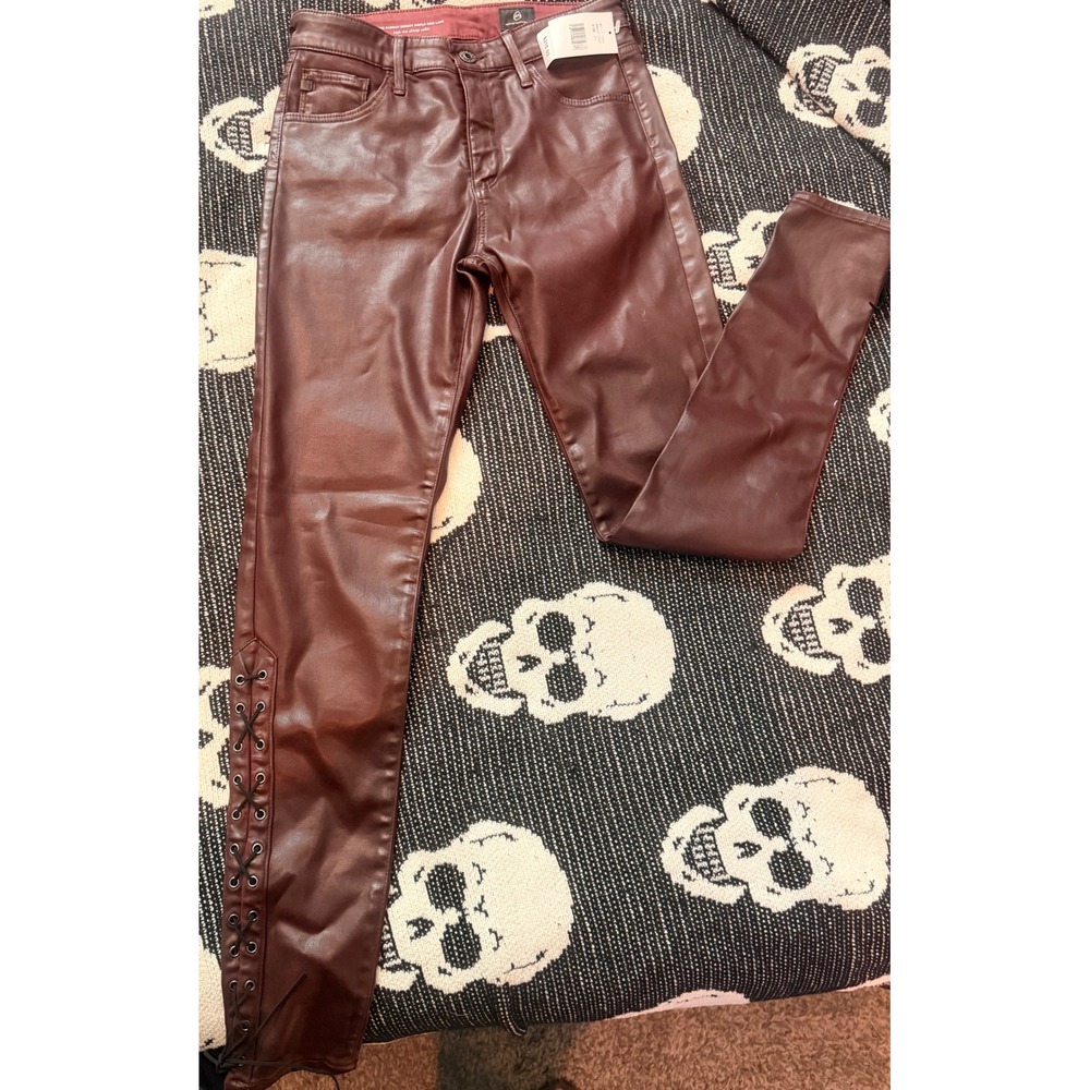 AG Adriano Goldschmied Farrah Skinny‎ Ankle Side Lace Coated Burgundy Pants 27